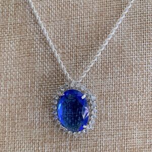 Vintage Faceted Faux Sapphire Rhinestone Old Money Pendant Brooch Necklace